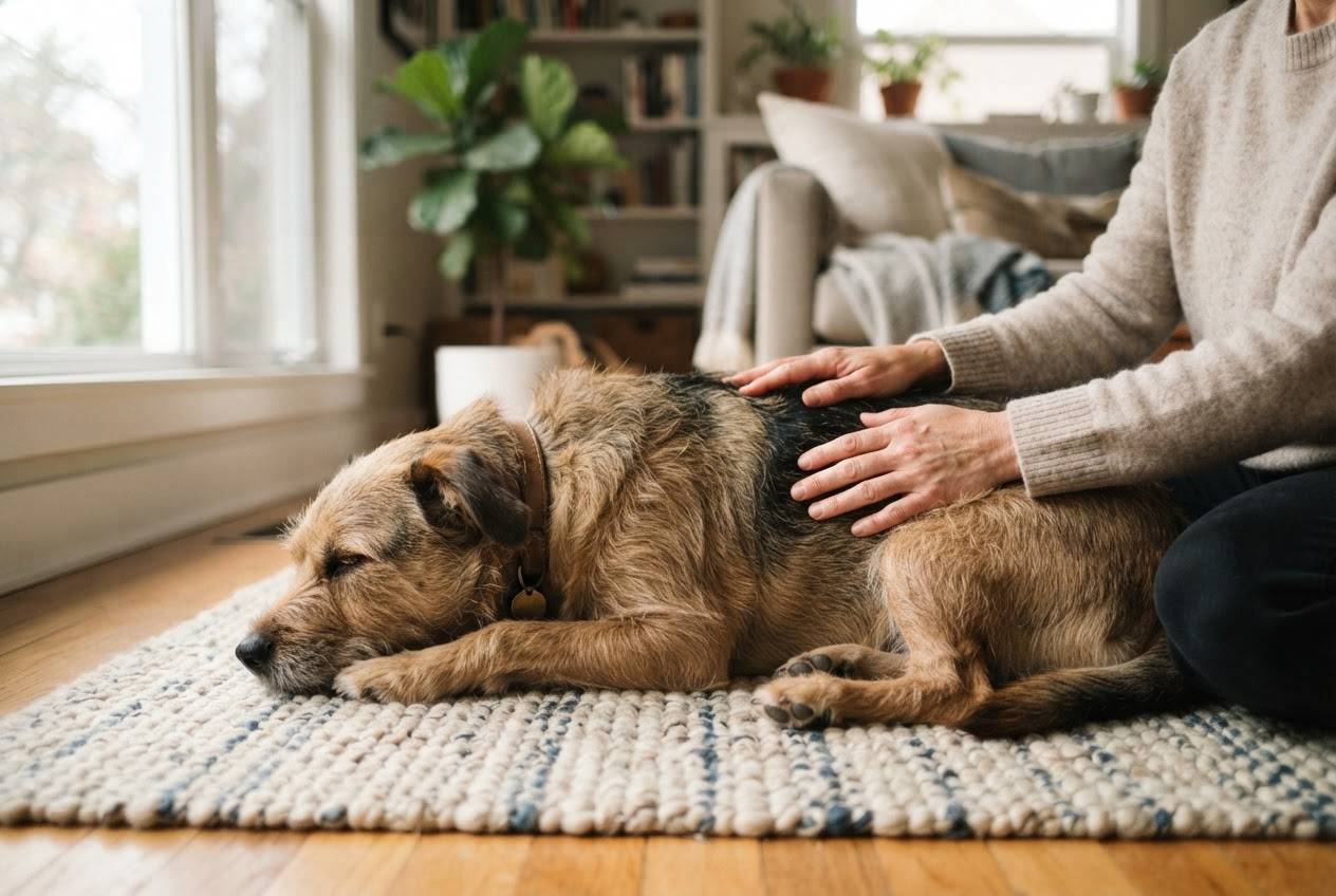 Gentle hands stroking the fur of a calm mixed-breed dog resting on a rug indoors.