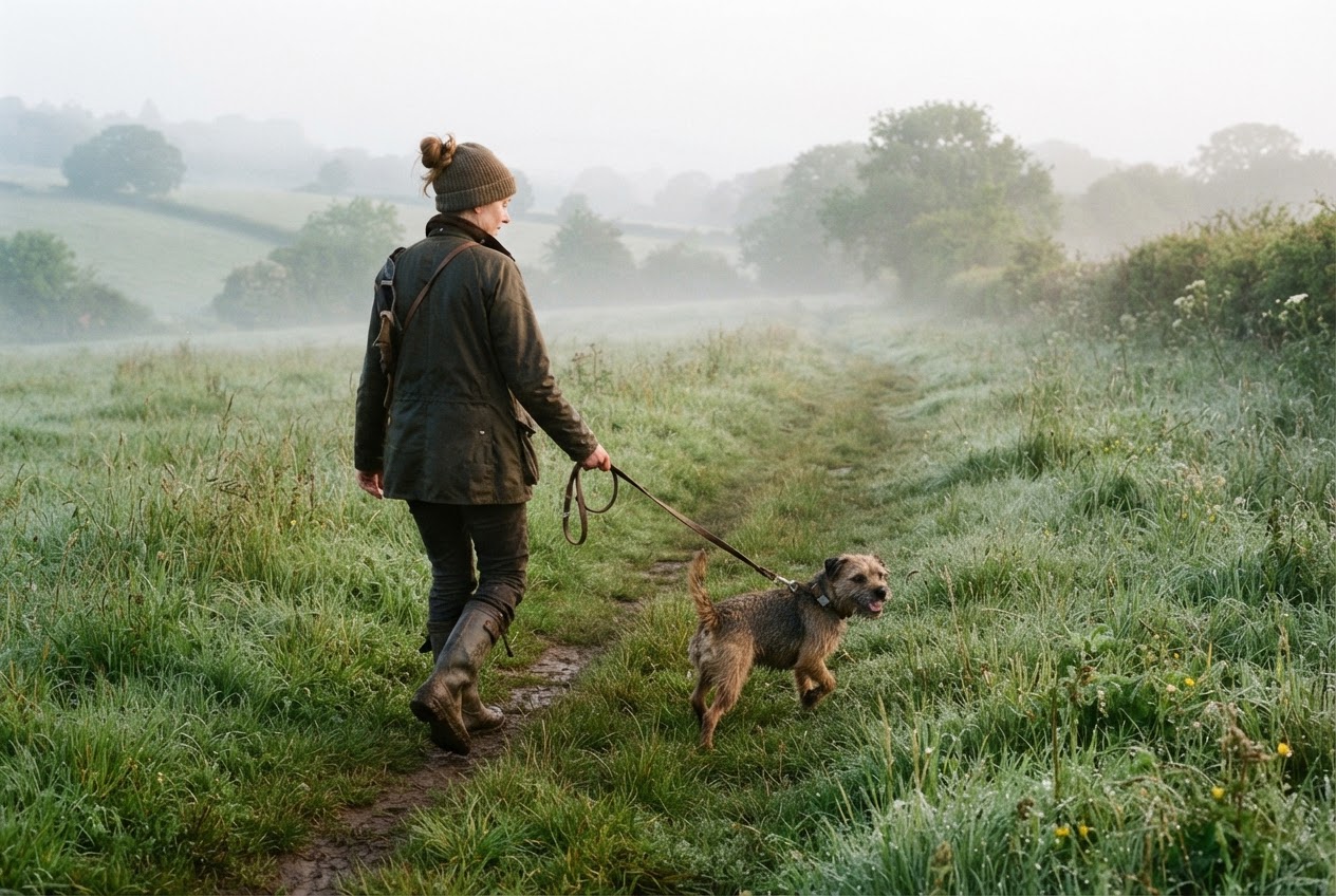 A dog on a loose lead walking beside an owner through a misty meadow.