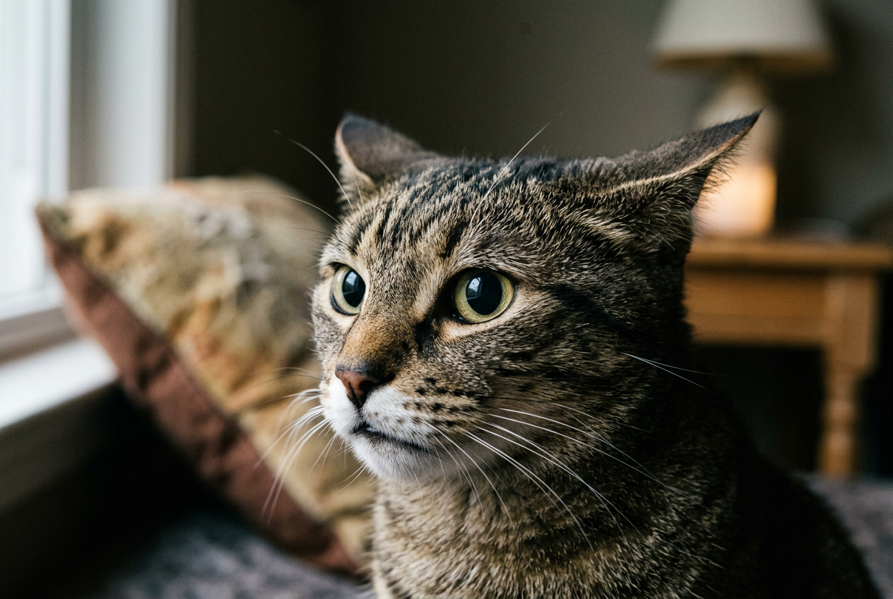 Close-up of a fearful cat with flattened ears and wide dilated pupils