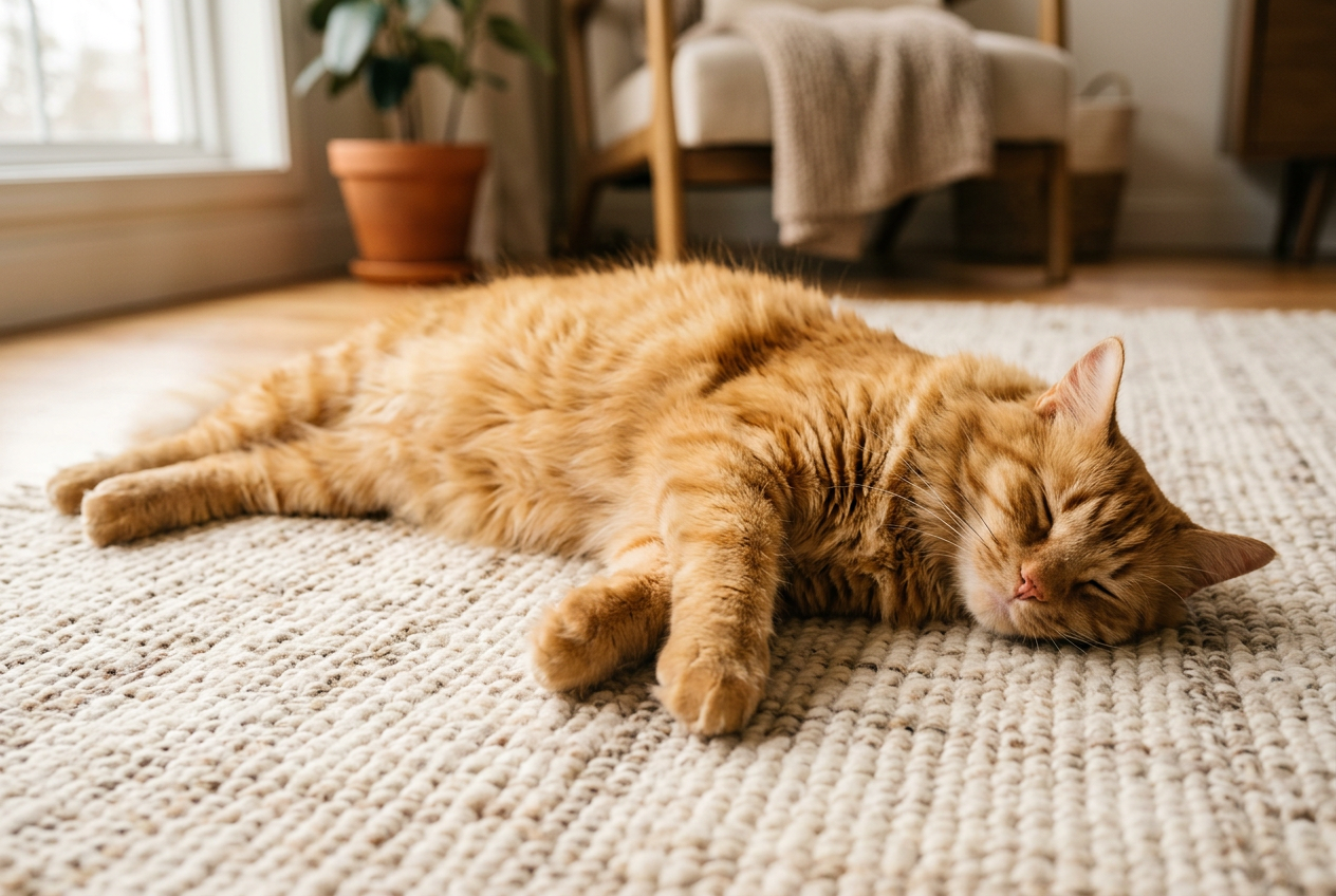 A ginger cat resting comfortably on its side with loose paws and an exposed flank