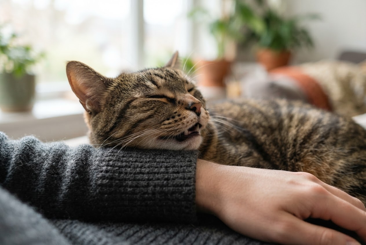 A domestic short-haired cat gently resting its teeth against a person's jumper cuff in soft daylight.