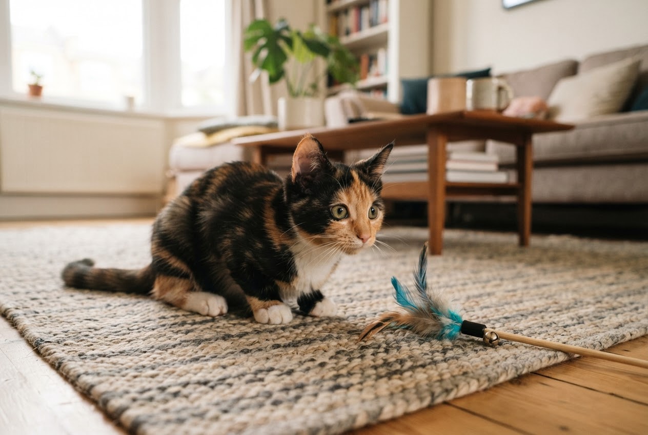A calico cat displaying subtle arousal signals such as twitching ears and wide pupils beside a toy.