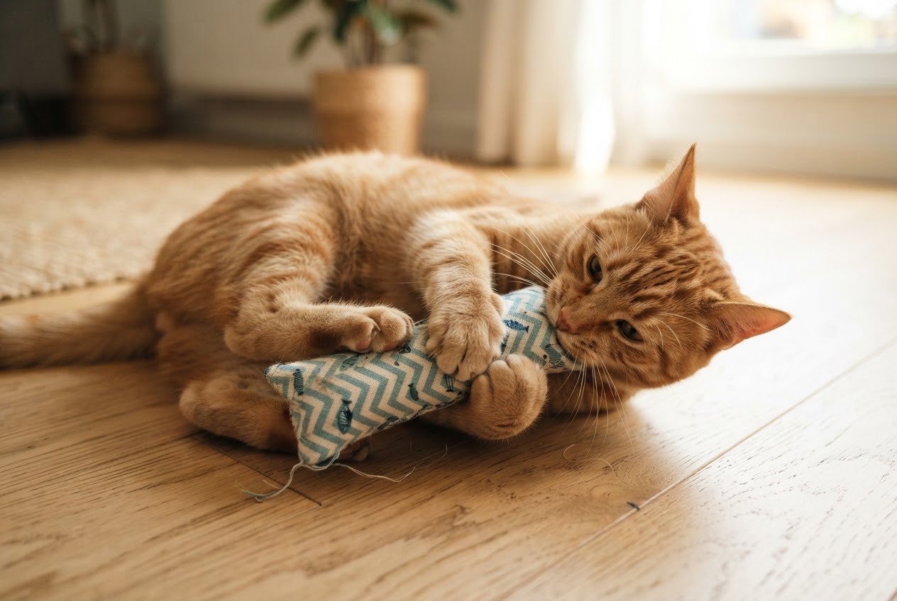 An adult ginger cat gripping a plush toy with front paws and biting it on a wooden floor.
