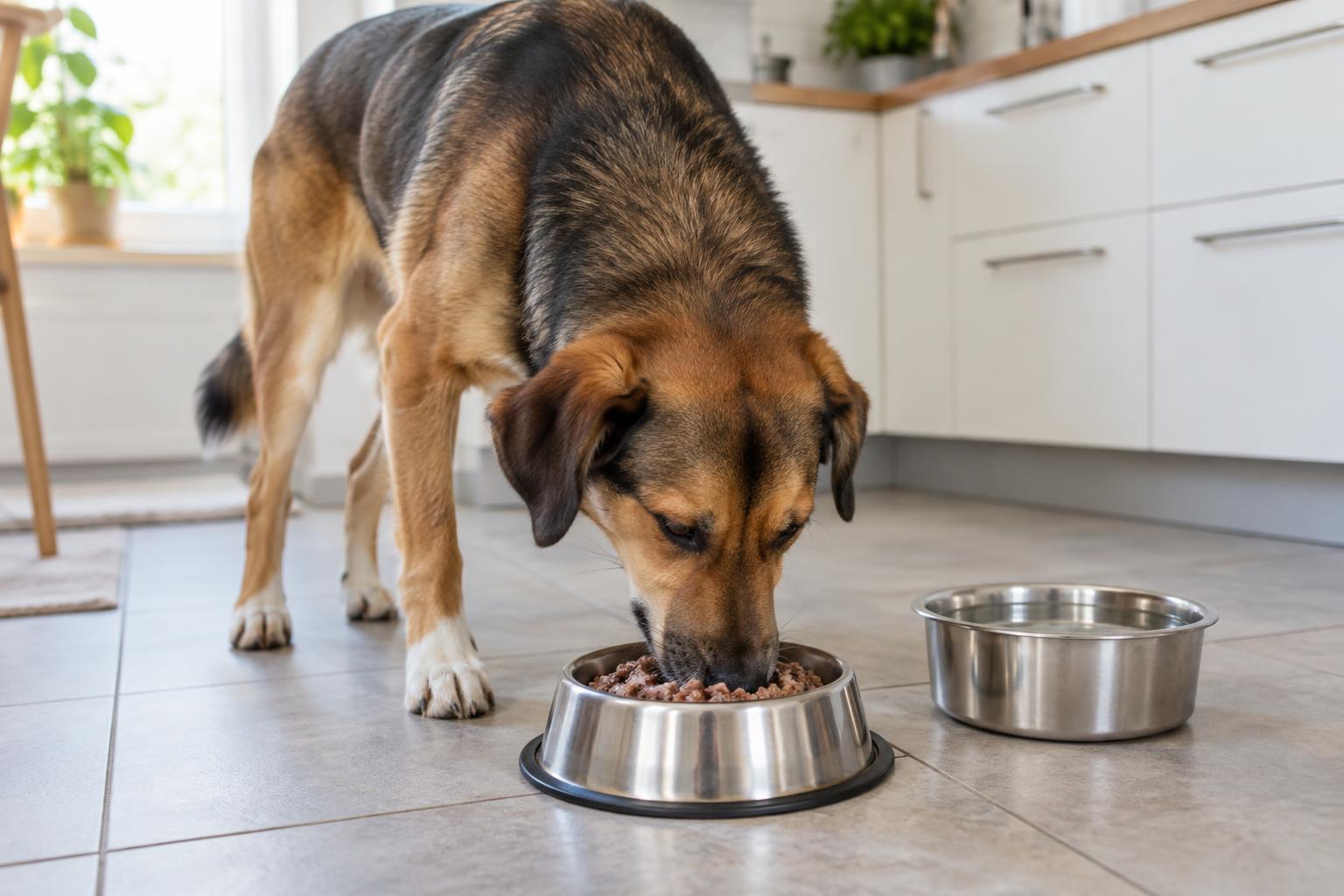 Erwachsener Hund frisst Nassfutter aus einem sauberen Napf neben einer Wasserschale.