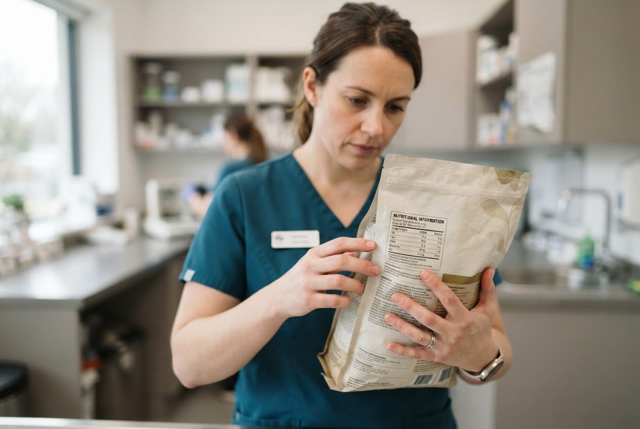 Nahaufnahme einer Nährwerttabelle auf einer Futterpackung für Hunde mit Angaben zur Weender Analyse.