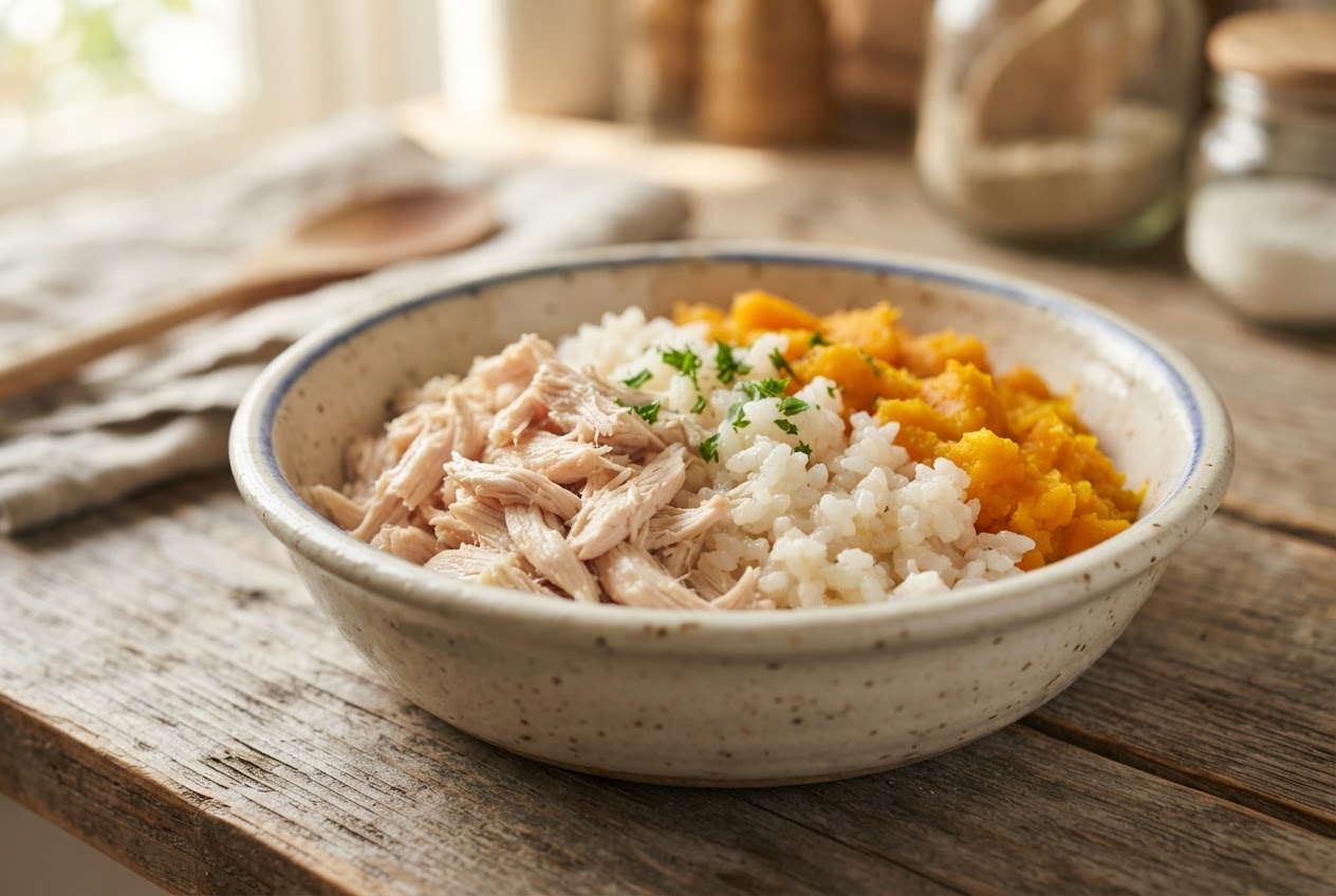 Zubereitete Schonkost aus weich gekochtem Reis, magerem Hühnchen und Kürbispüree im Hundenapf.