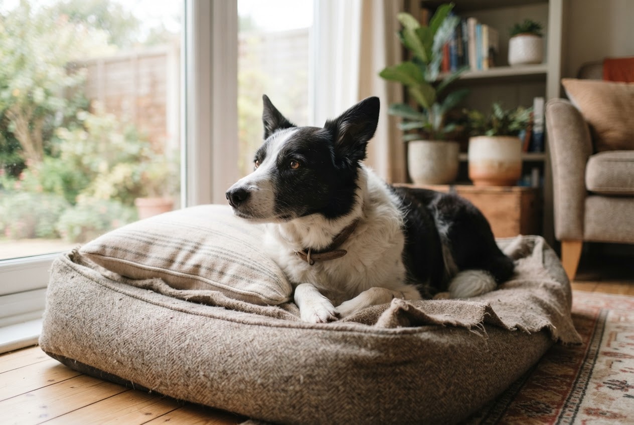 Ein Border Collie liegt entspannt auf seinem Kissen im Wohnzimmer und ruht sich nach der Mahlzeit aus.