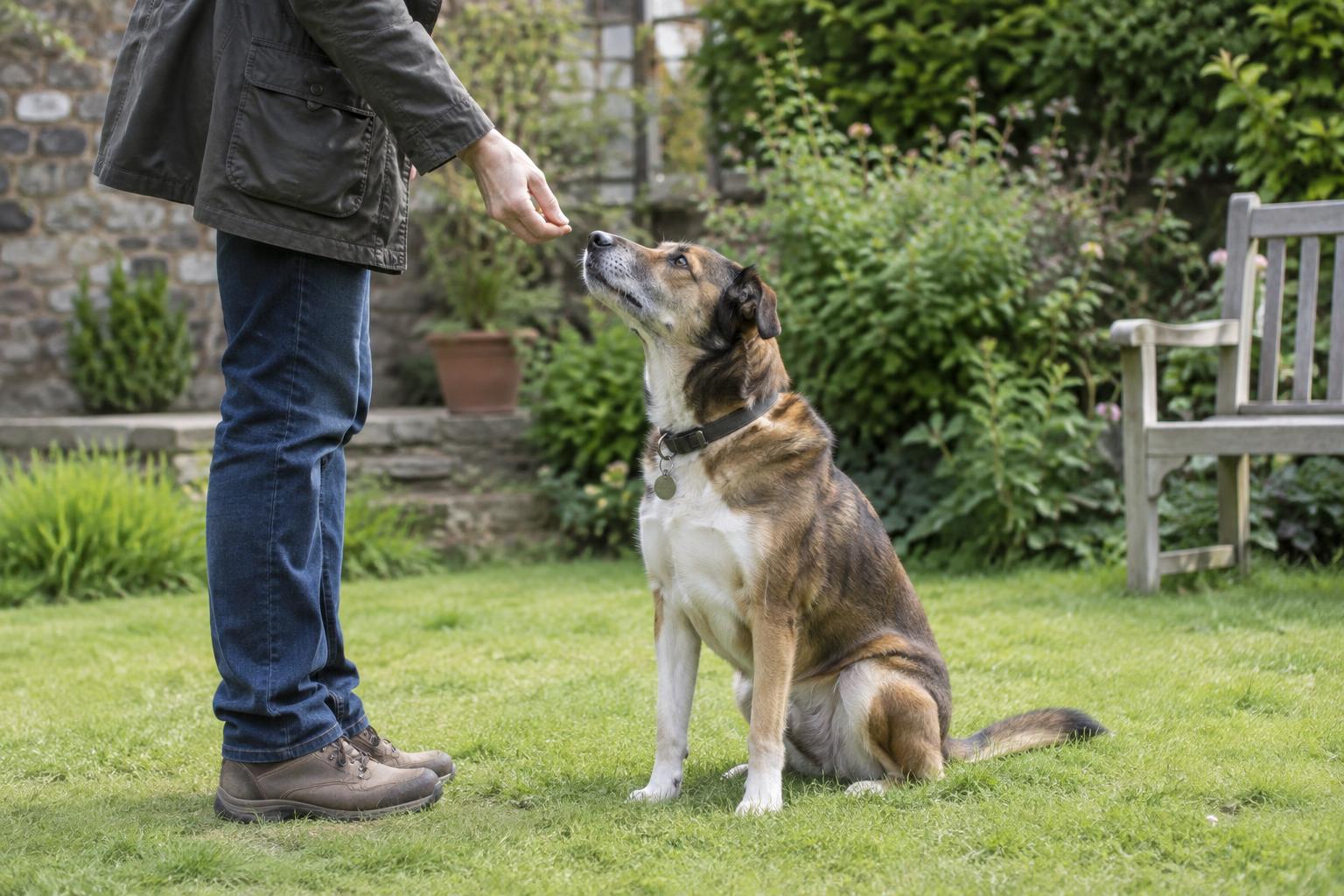 Dog watching its owner during a calm reward-based training session