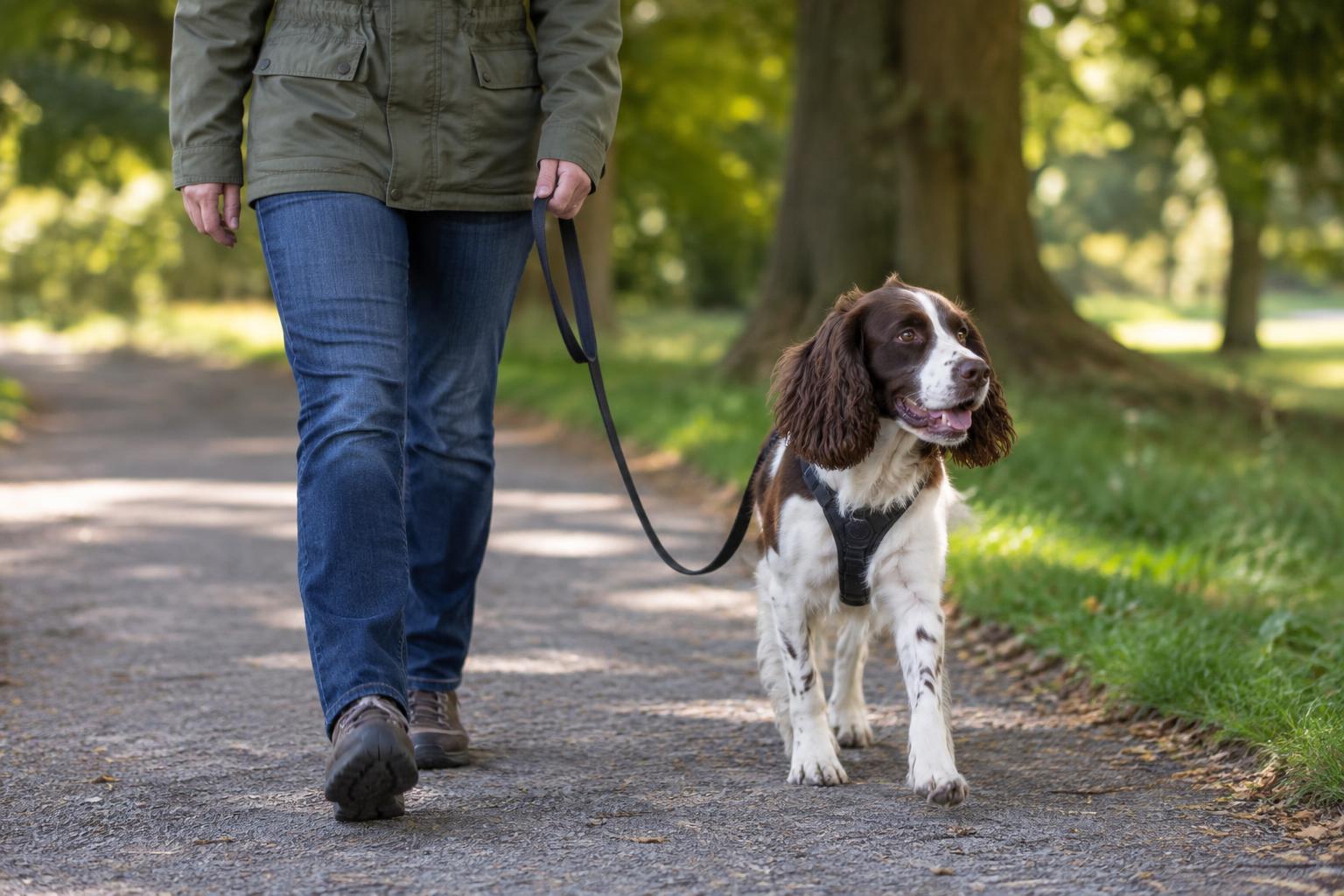 Spaniel practising loose-lead walking on a quiet path