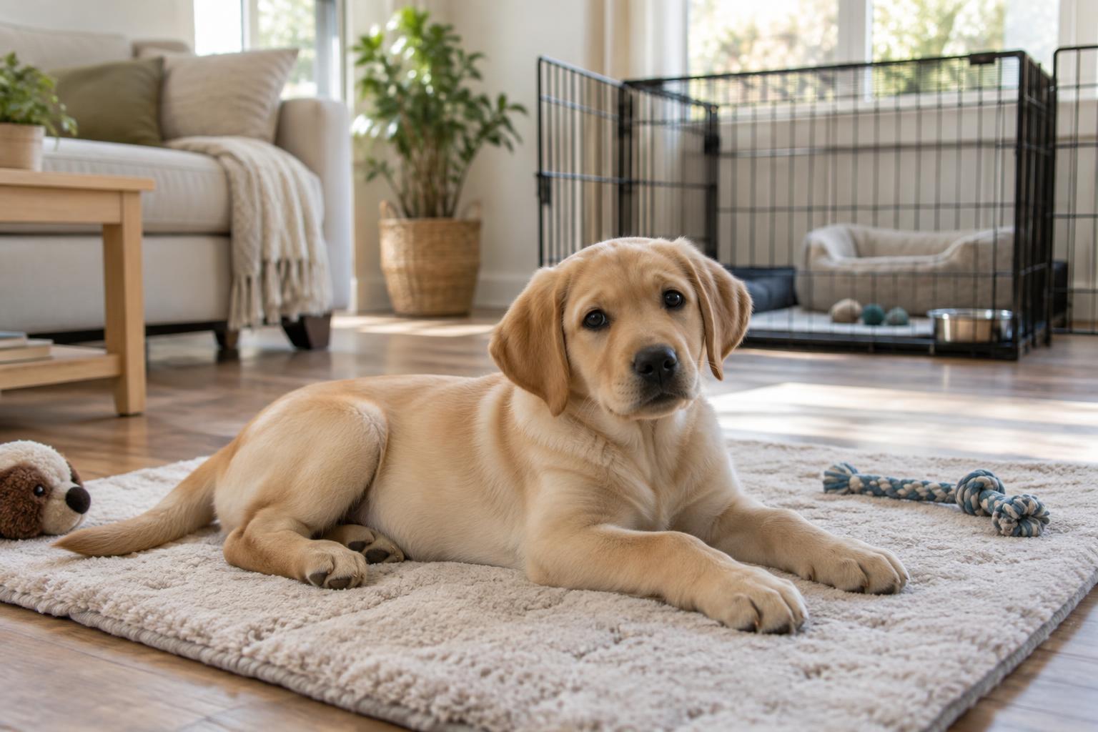 Young Labrador resting on a mat beside an open puppy pen
