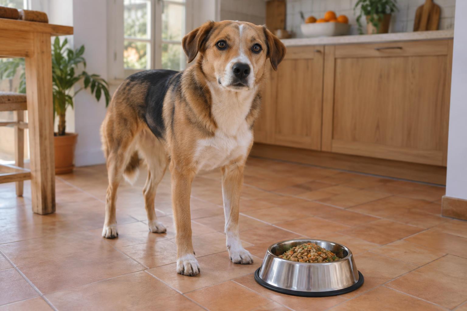 Perro adulto junto a un cuenco de comida cocinada en una cocina luminosa