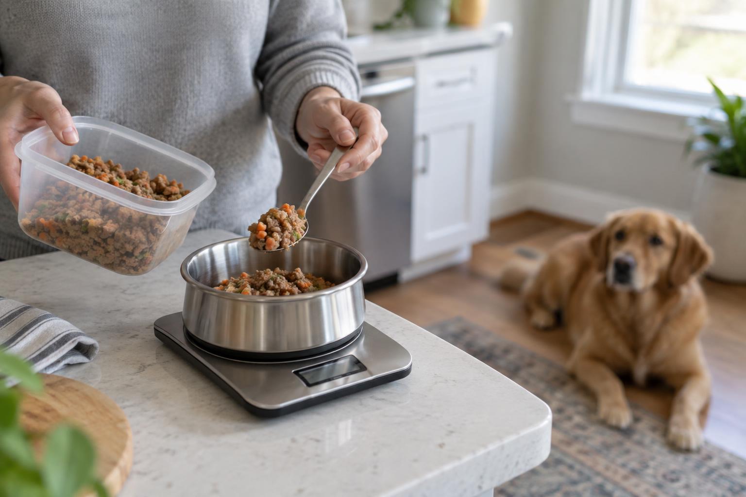 Preparación de una ración de comida para perro con una báscula de cocina