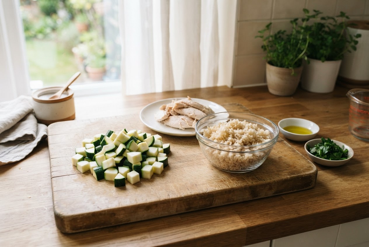 Ingredientes frescos listos para preparar comida casera para perro sobre una tabla de cocina