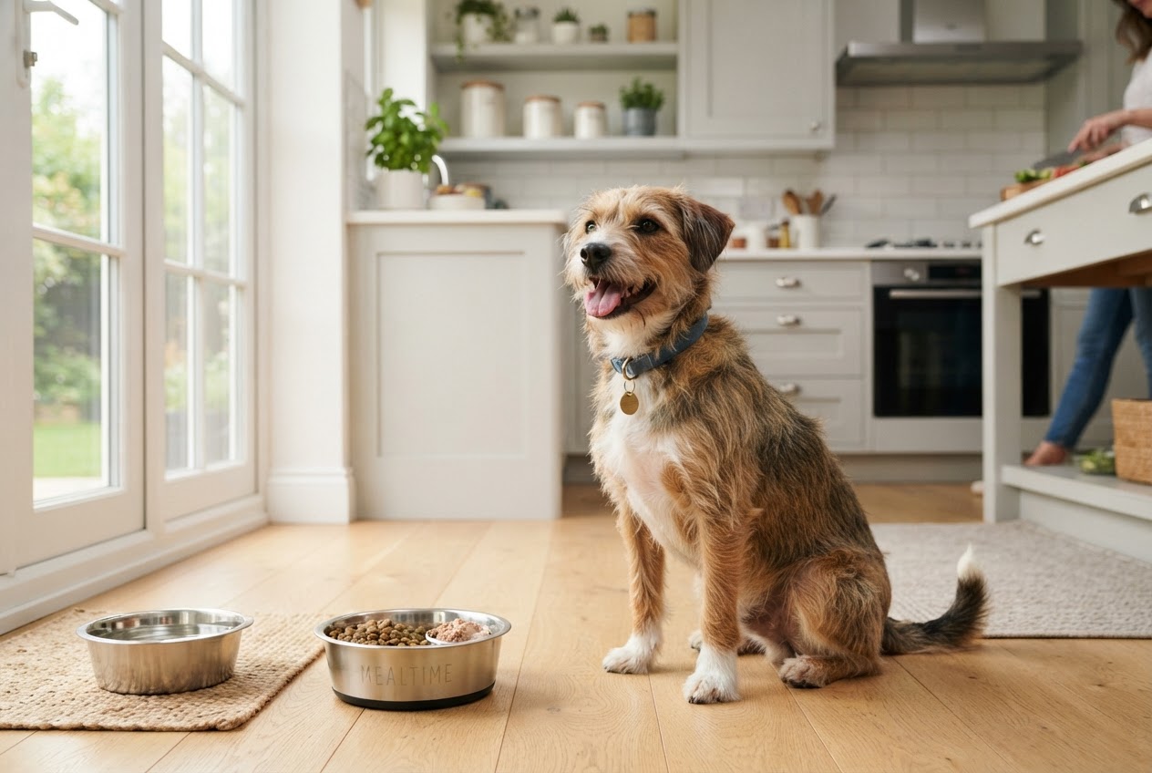 Perro esperando pacientemente su cuenco de comida en una cocina luminosa