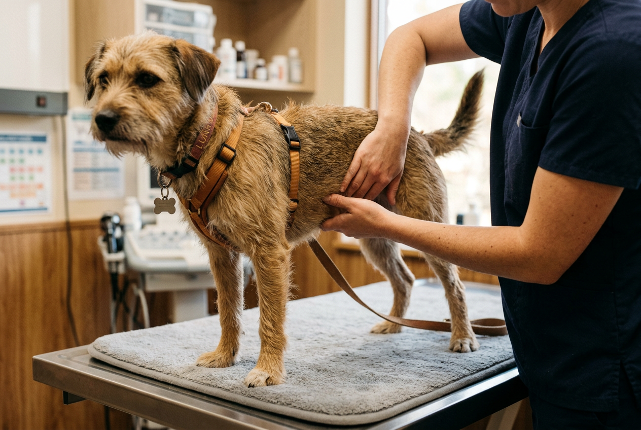 Veterinario realizando una exploración abdominal cuidadosa en un perro sobre la mesa de consulta.