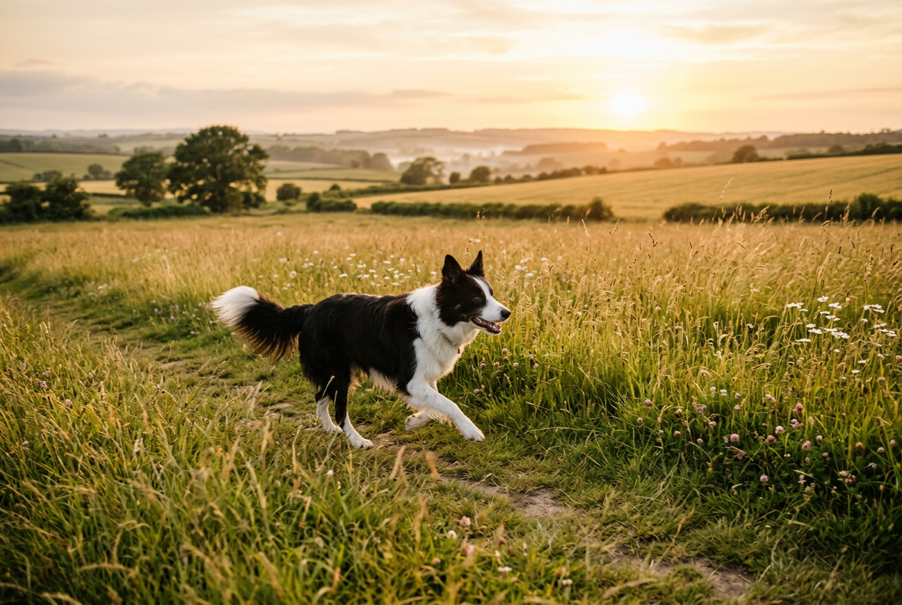 Perro de raza Border Collie trotando por el campo durante el atardecer.