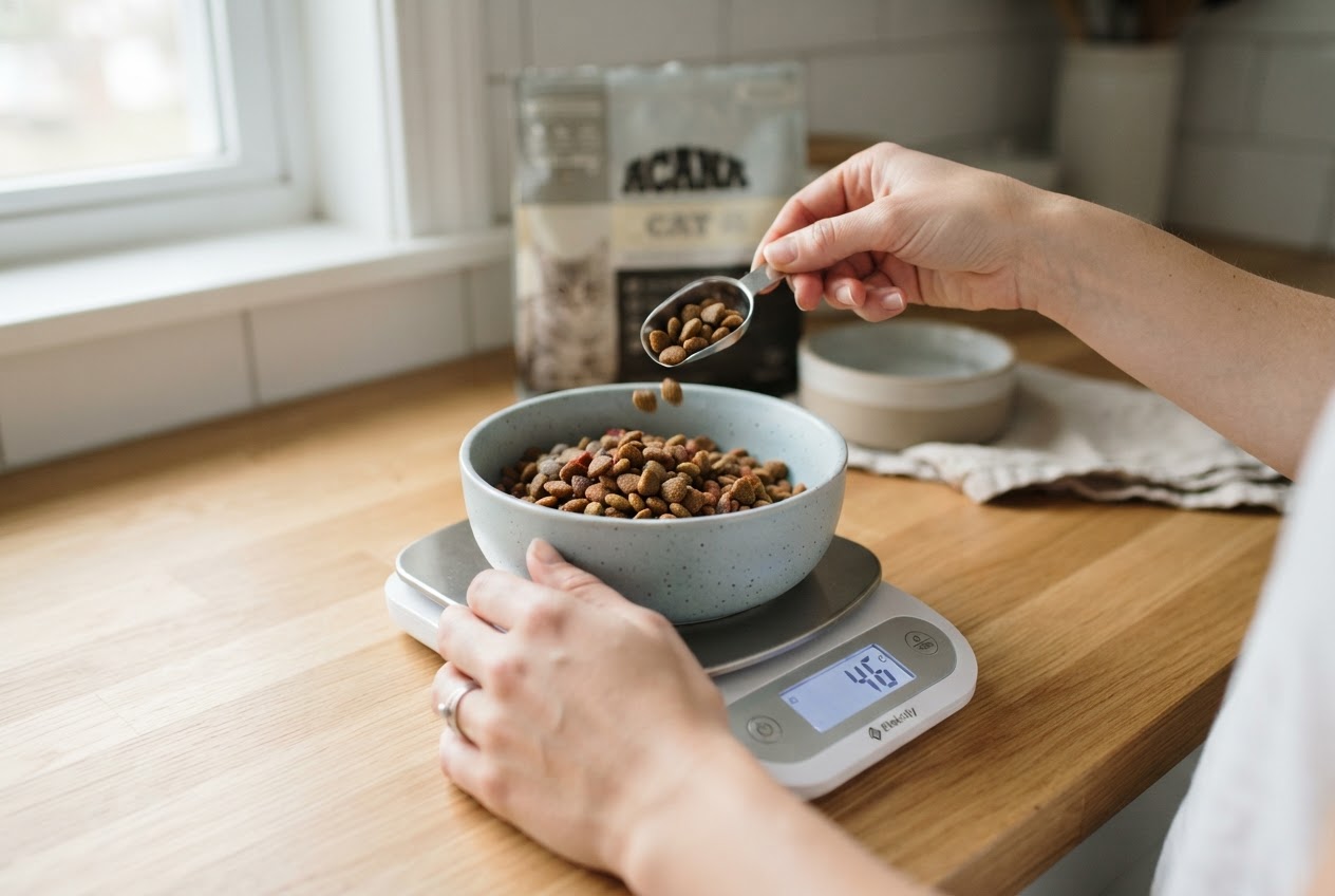 Pesée précise de croquettes pour chat sur une balance électronique de cuisine.