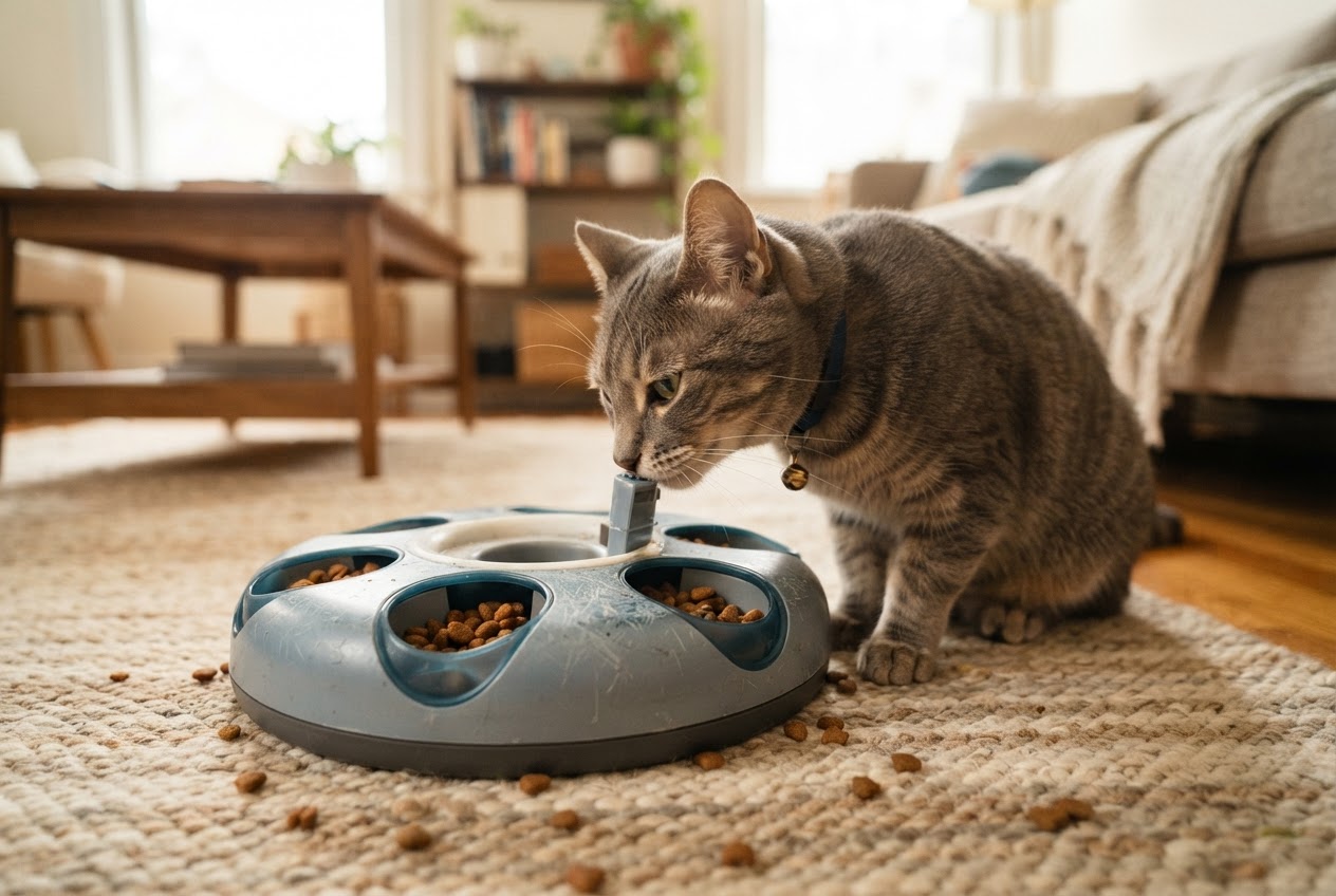 Un chat utilisant un distributeur ludique de croquettes pour stimuler son activité physique et mentale.