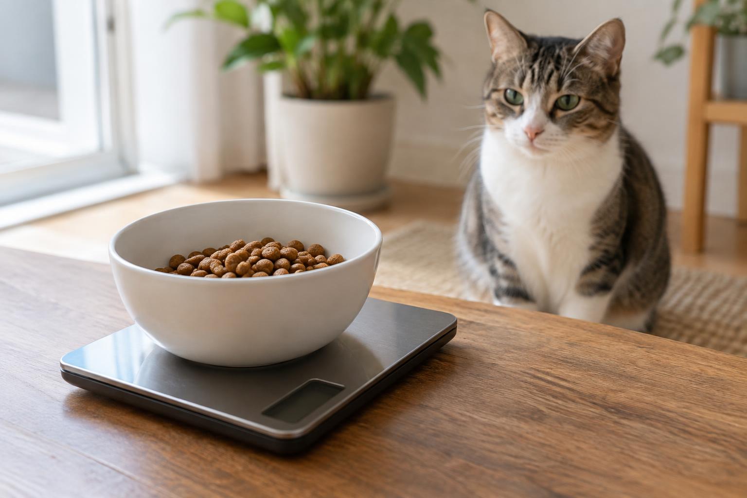 Portion de croquettes pesée sur une balance de cuisine, avec un chat à proximité.