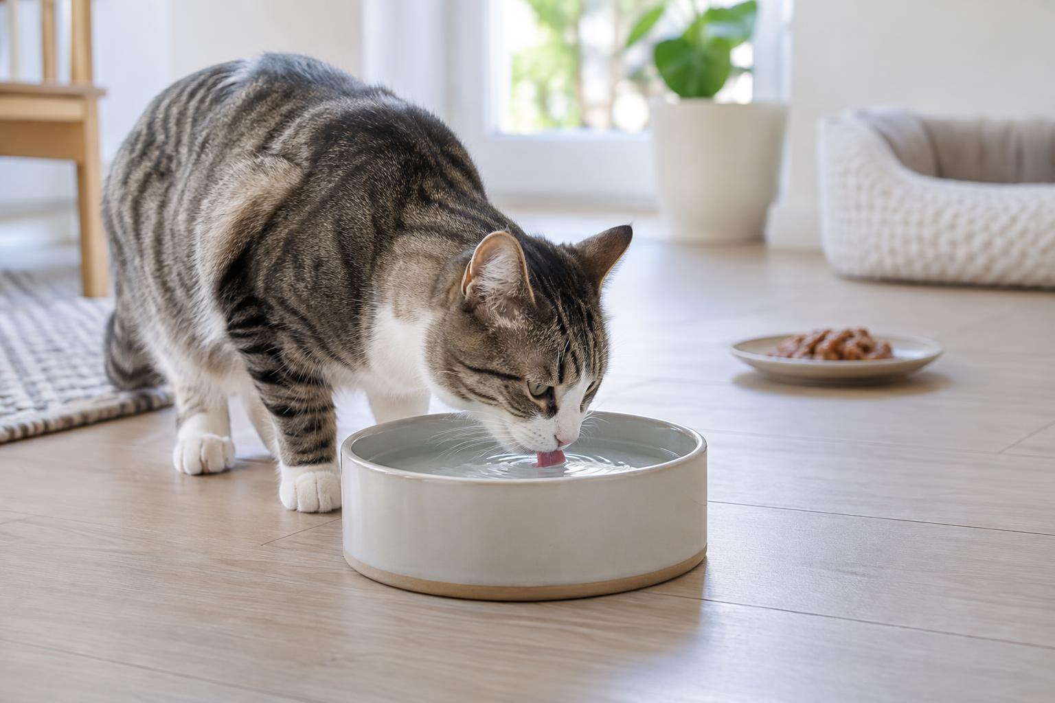Chat buvant dans une large gamelle d’eau, à distance de son alimentation.