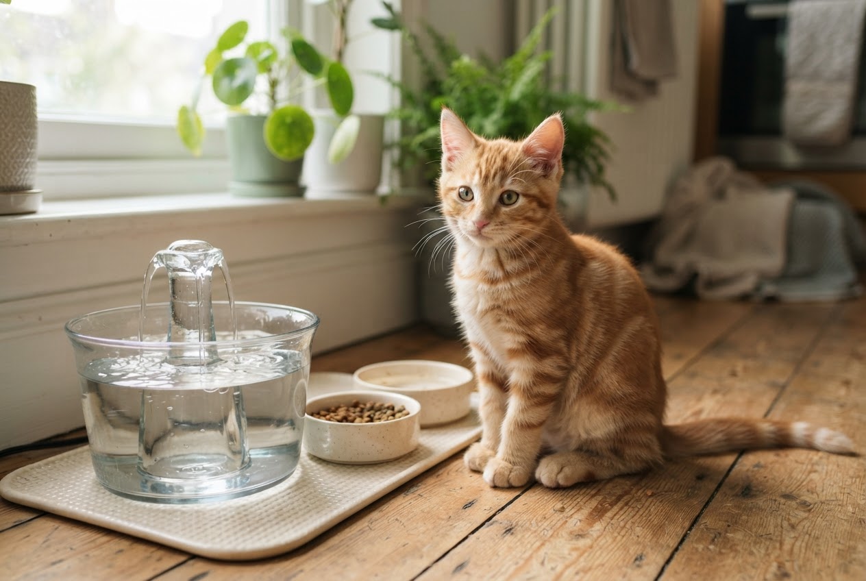 Chaton roux assis à côté d'une fontaine d'eau et d'une assiette de nourriture.