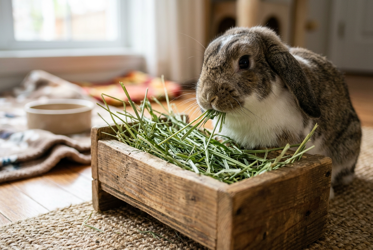 A domestic rabbit munching on long strands of green feeding hay indoors.