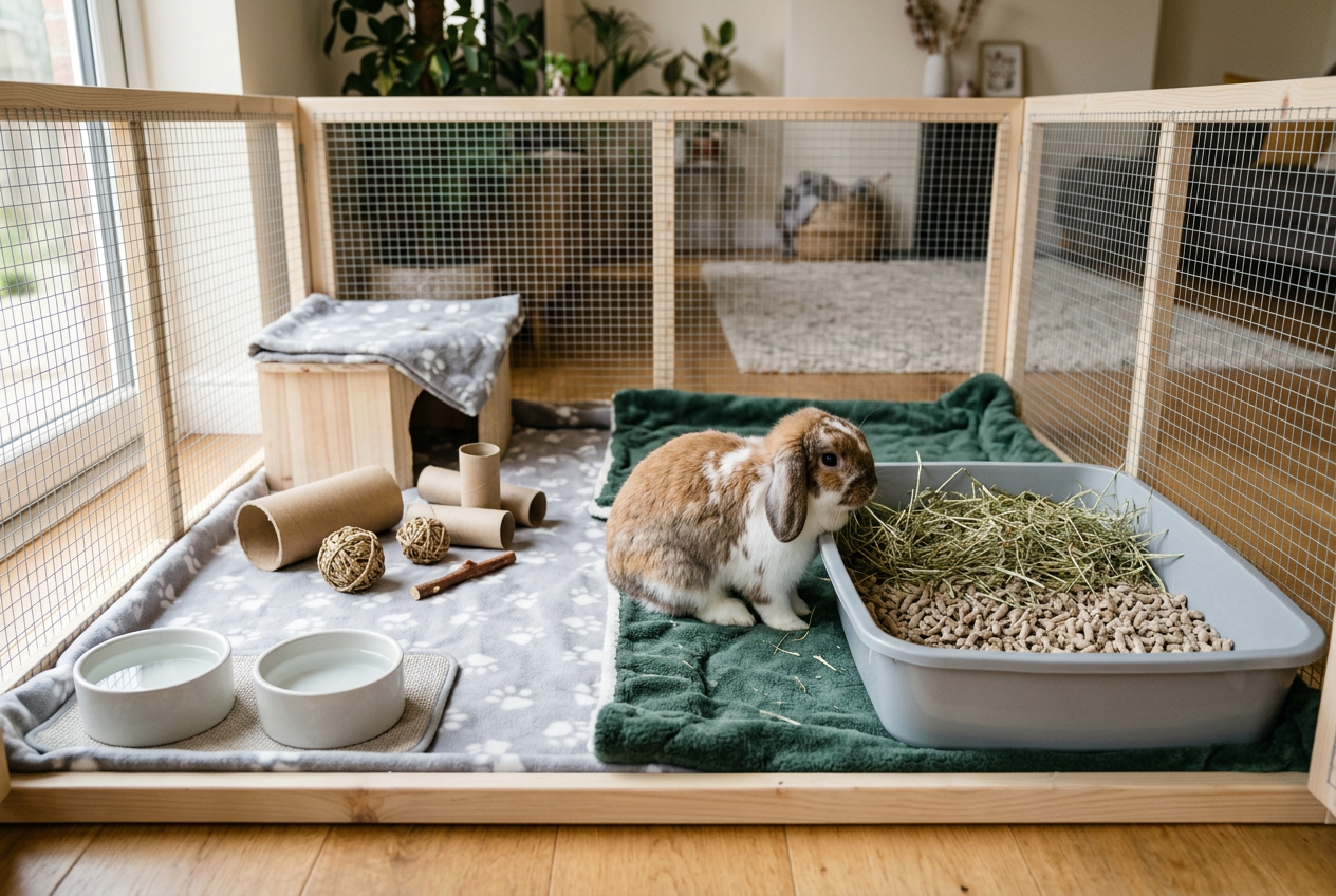 A well-equipped indoor rabbit pen featuring a litter tray, hay rack, and ceramic water bowls.