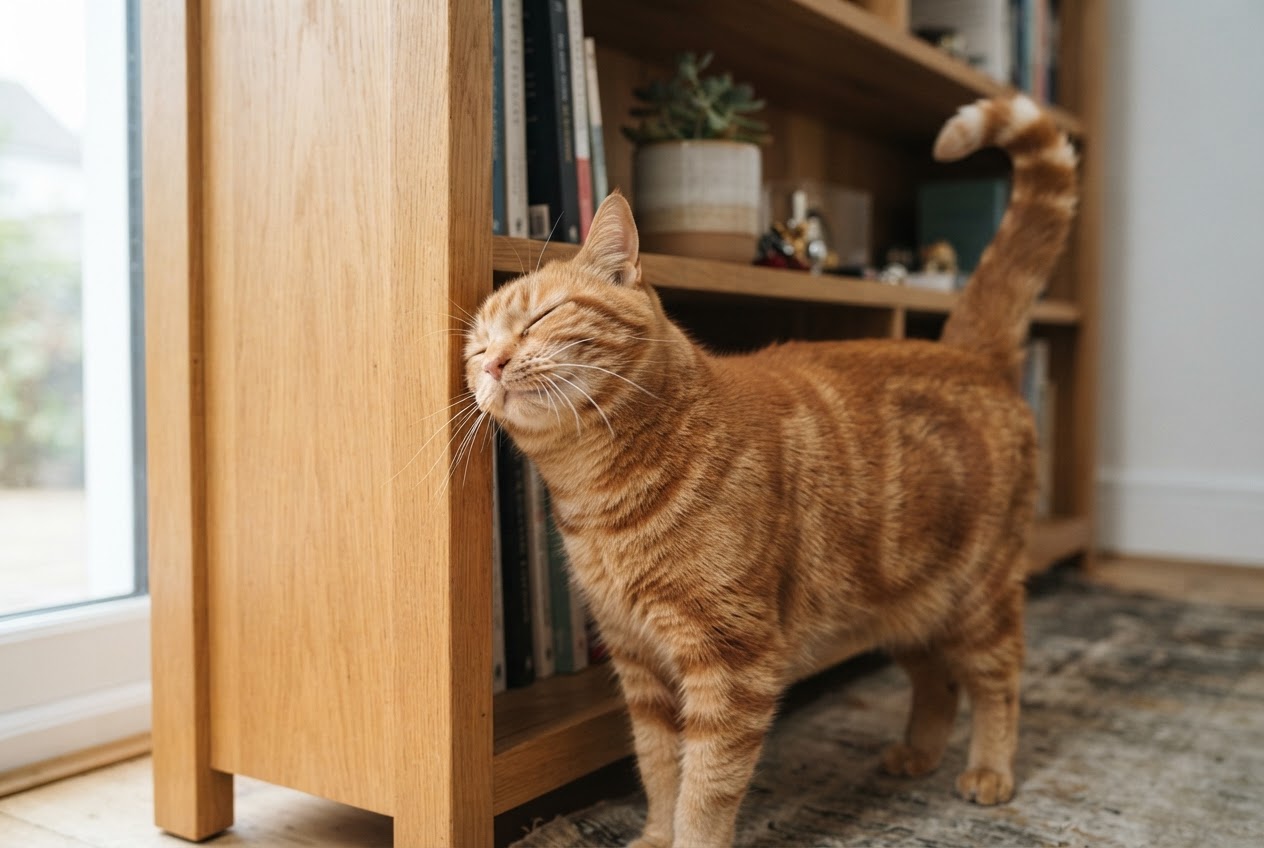 Ginger cat scent marking a wooden corner with its cheek glands
