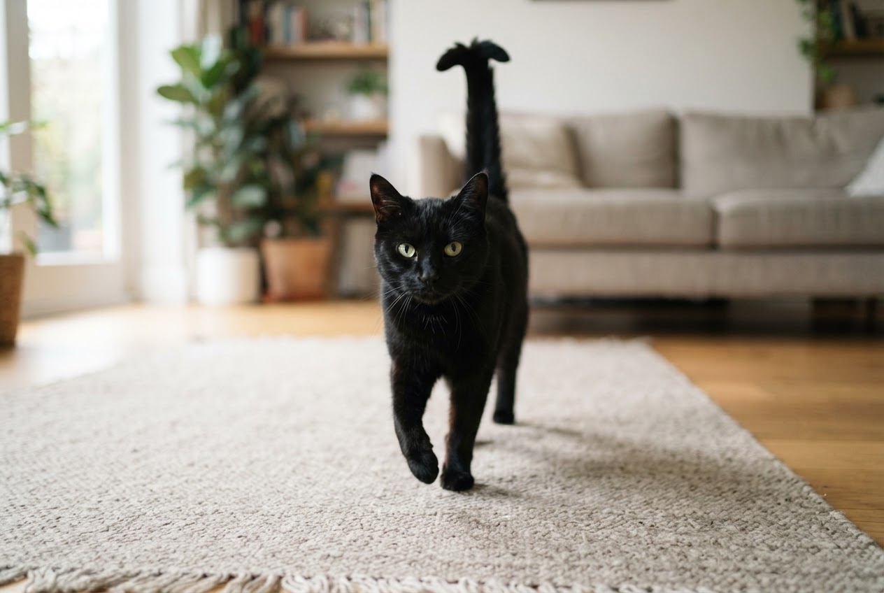 Black cat walking forward with an upright tail held in a question mark shape