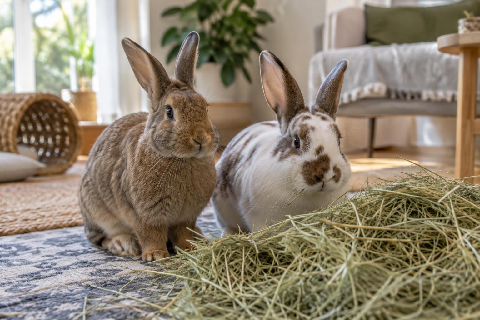 Two bonded pet rabbits resting together beside fresh hay indoors