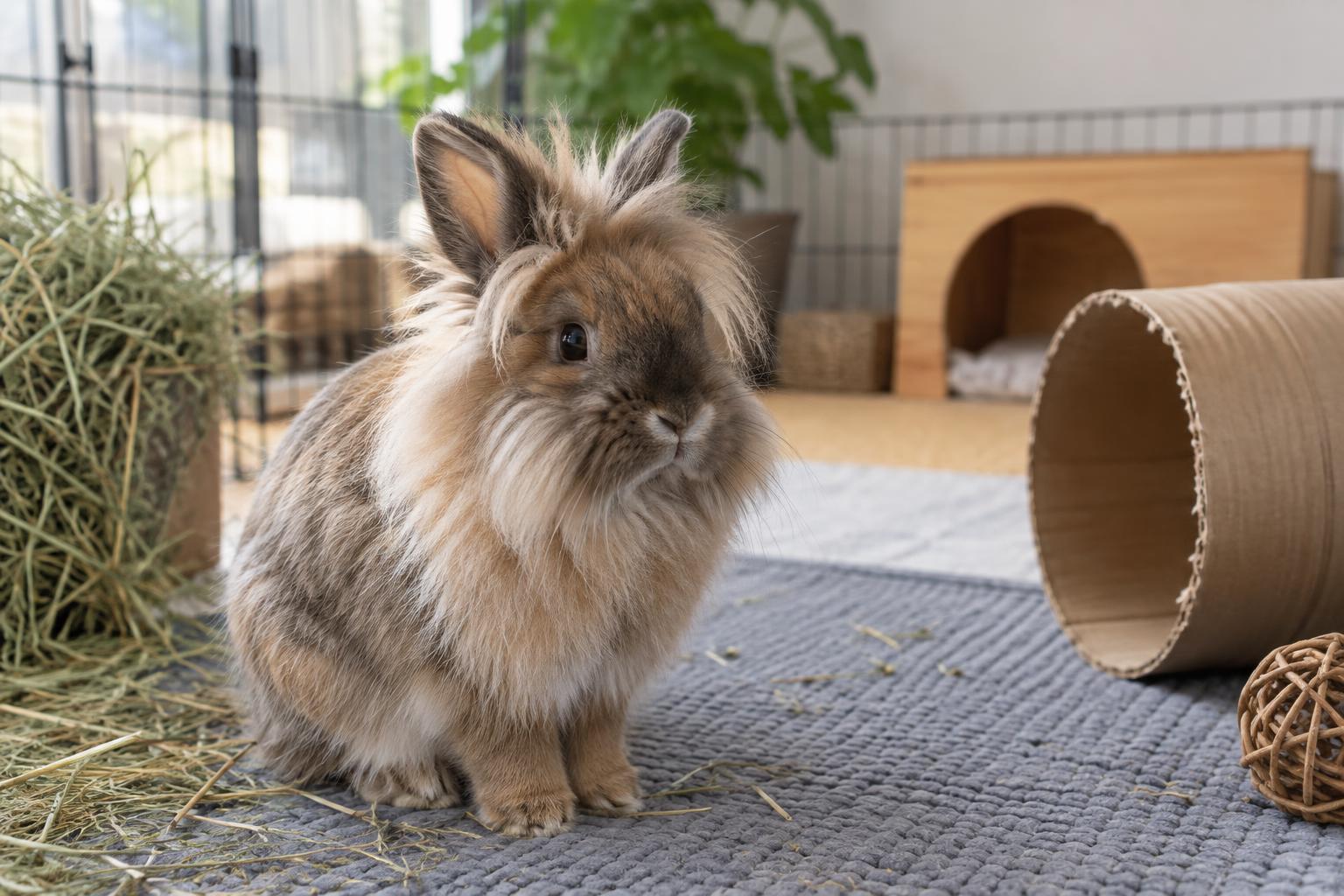 Adult lionhead rabbit sitting beside hay and a cardboard tunnel