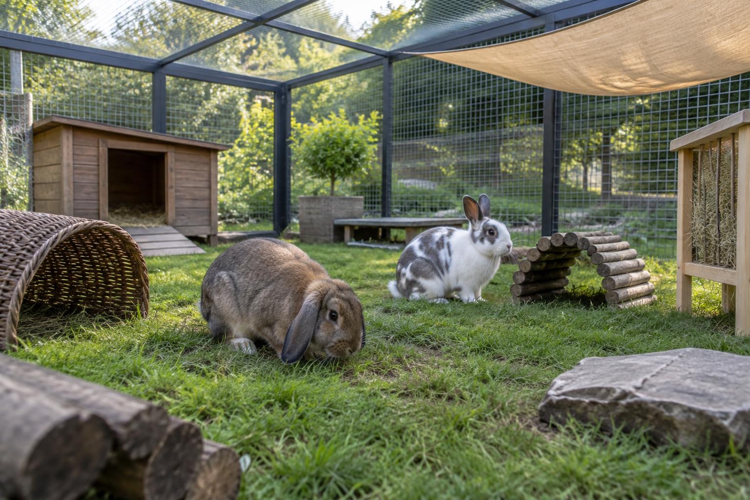 Two rabbits exploring a secure outdoor enclosure with shelter and tunnels