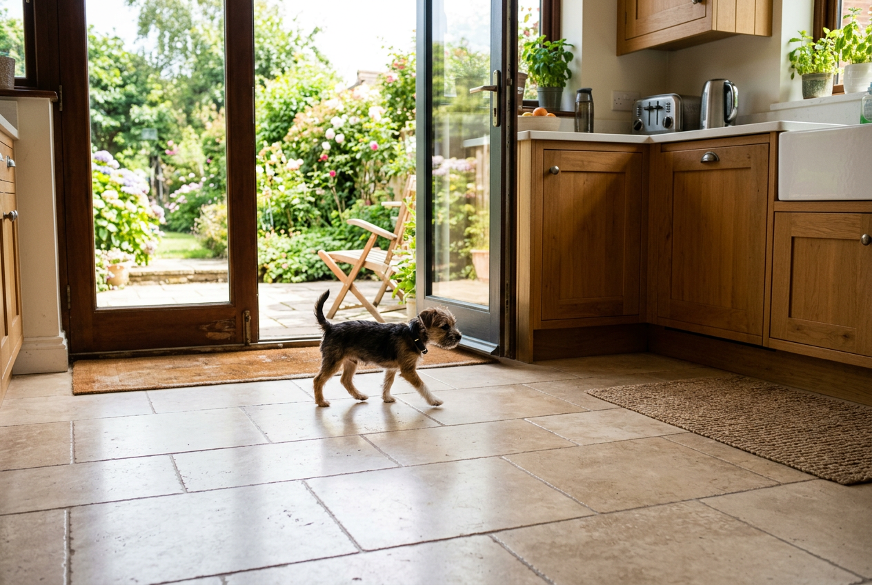 A small puppy moving towards an open back door to toilet outdoors