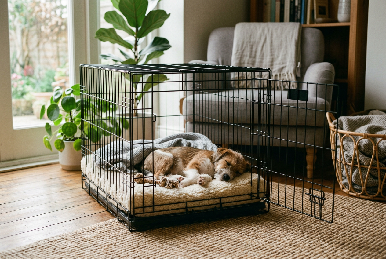 A young puppy resting peacefully inside a comfortable dog crate with the door hooked open