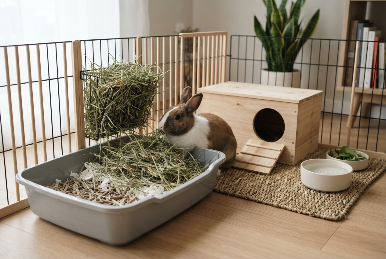 A modern indoor rabbit housing setup with a litter tray, hay rack, and hide box