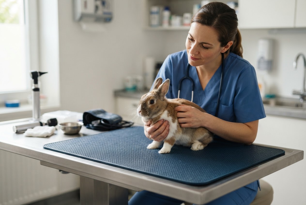 A veterinary professional examining a calm domestic rabbit on a mat