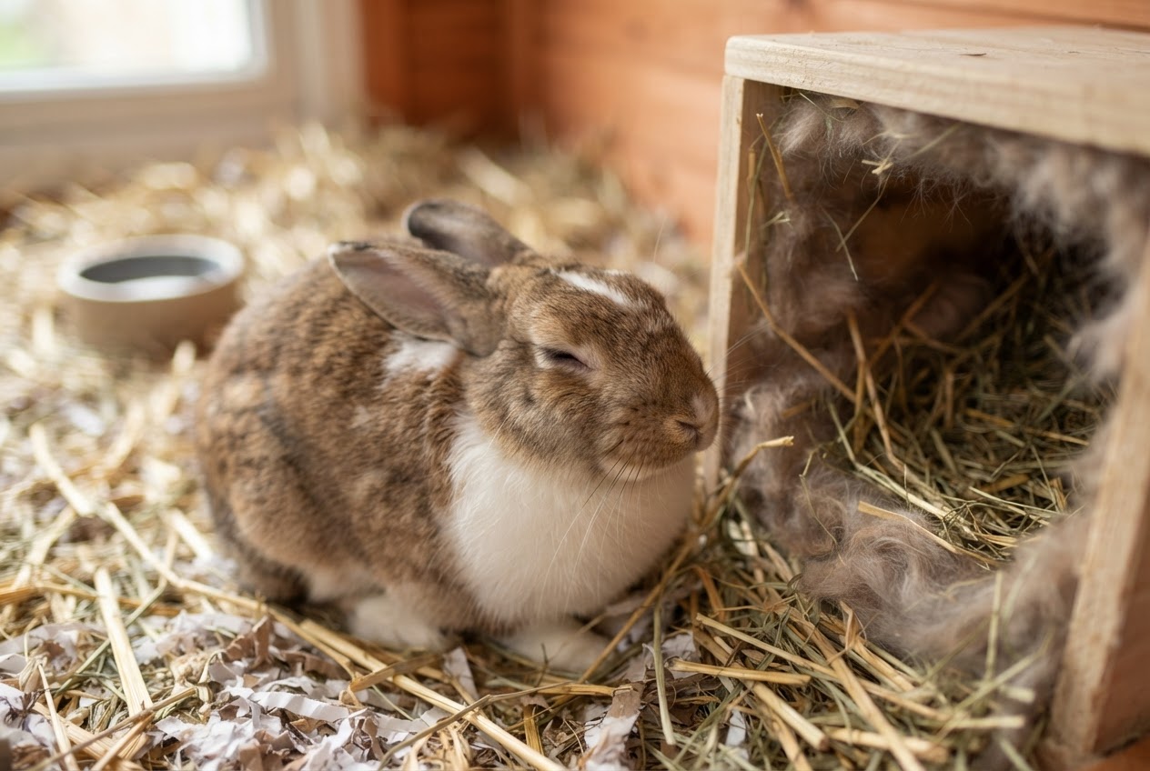 Mother rabbit resting peacefully next to her kits' nesting area