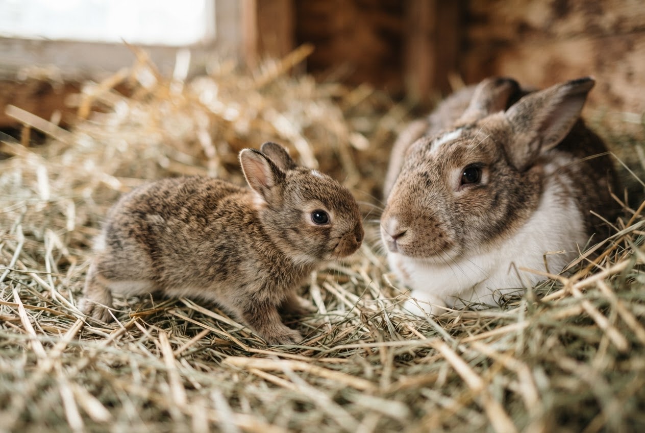 A two-week-old rabbit kit with open eyes beginning to explore meadow hay