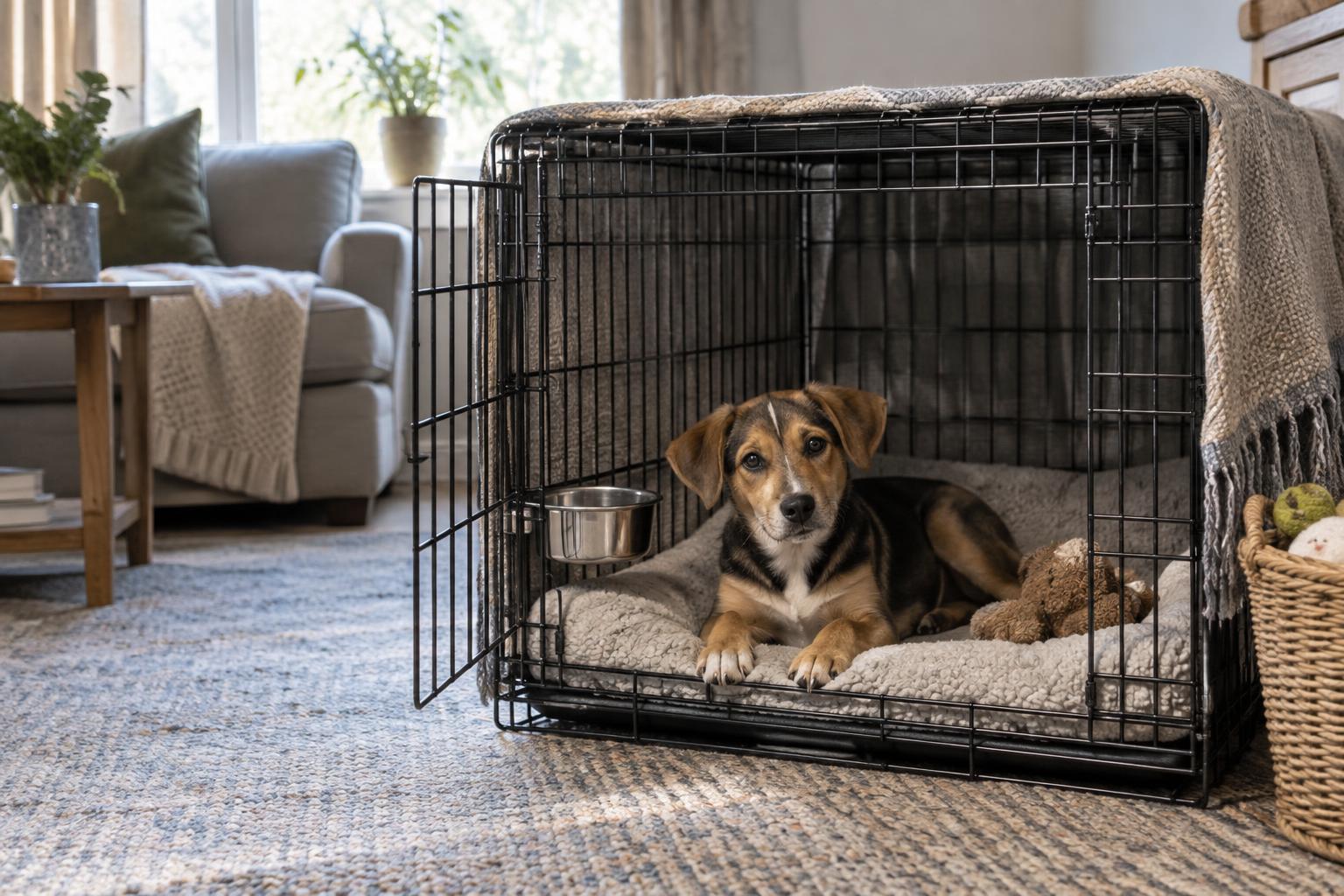 Relaxed puppy resting in an open crate beside a sofa