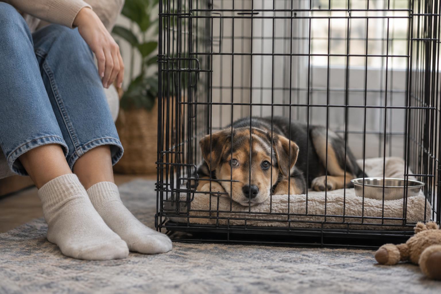 Calm puppy practising a brief closed-door session with an owner nearby