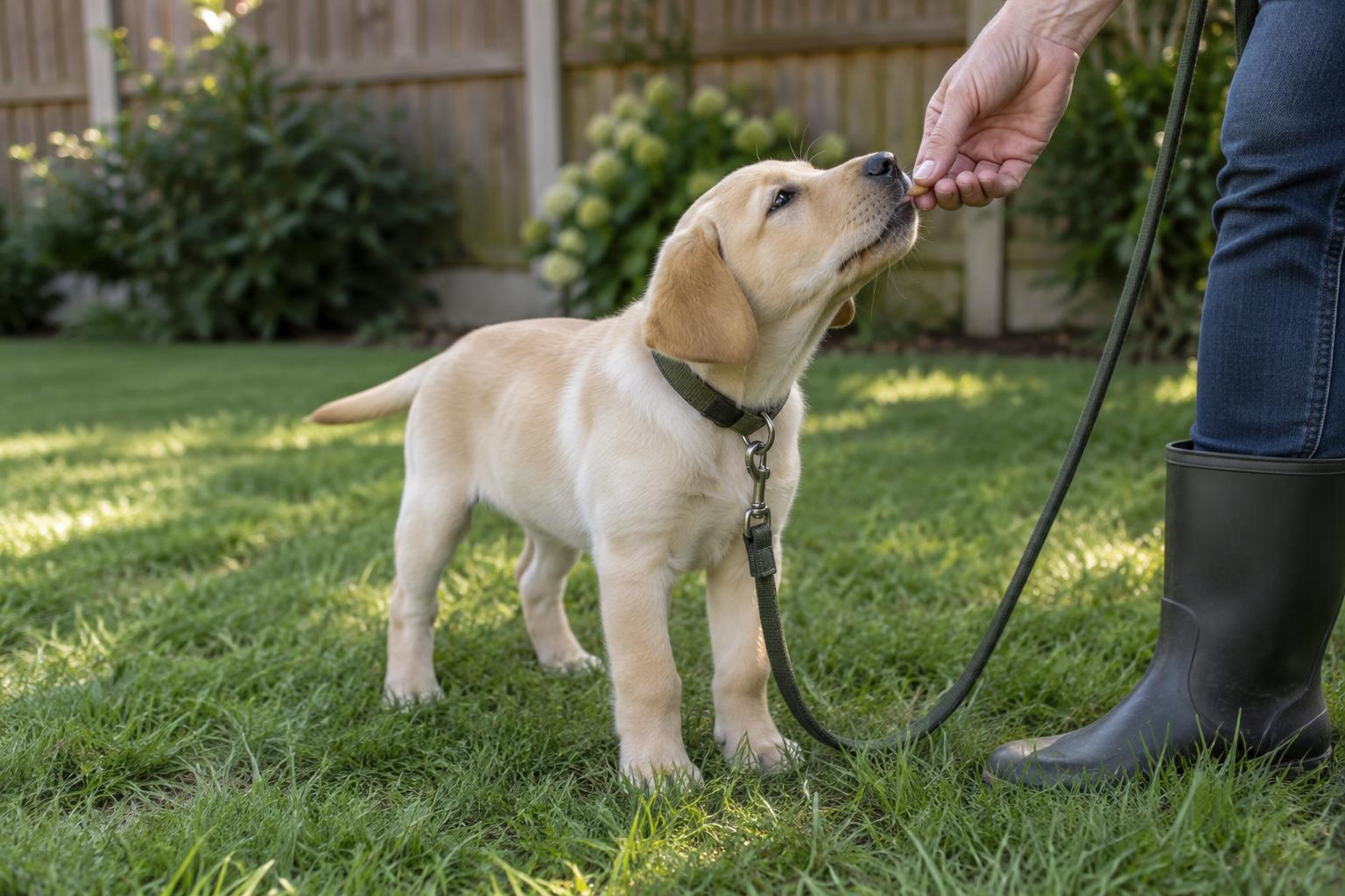 Puppy receiving a small reward at its outdoor toilet spot