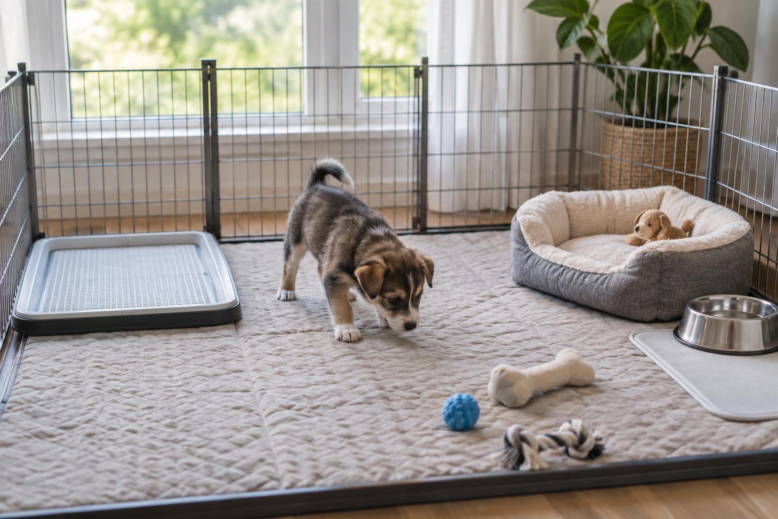 Puppy pen with separate sleeping, drinking and indoor toilet areas