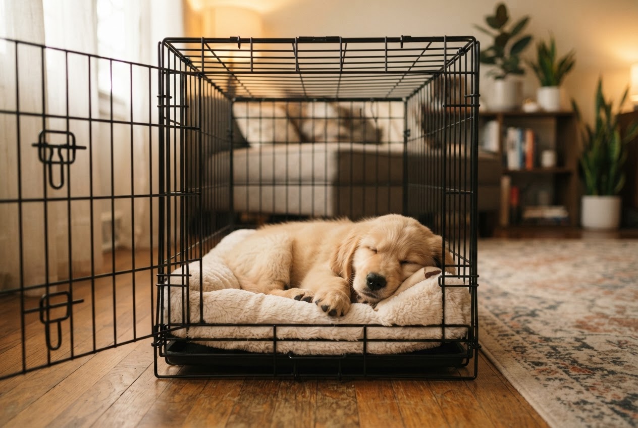 Puppy resting in an appropriately sized wire dog crate with comfortable bedding