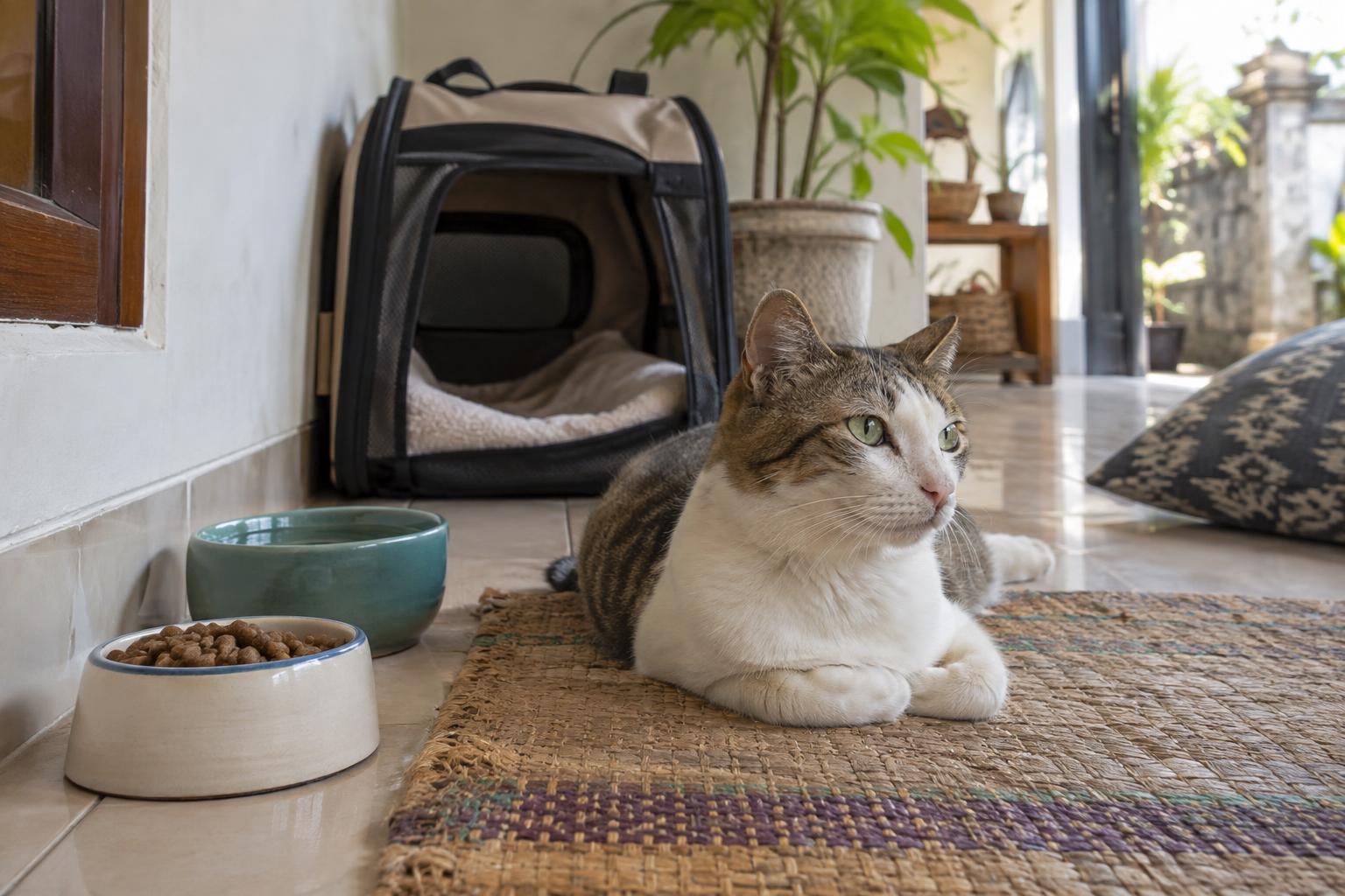 Kucing beristirahat di tempat tenang dengan makanan, air, dan kandang angkut di dekatnya.