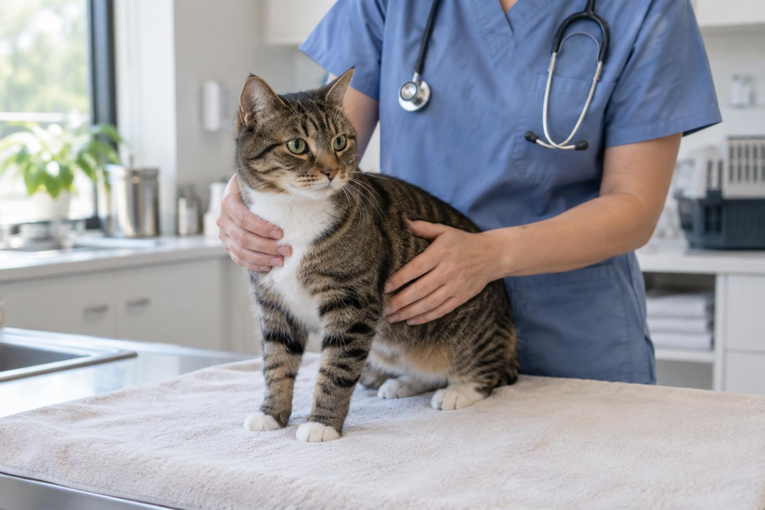 Dokter hewan memeriksa kucing dengan penanganan lembut di atas meja beralas handuk.