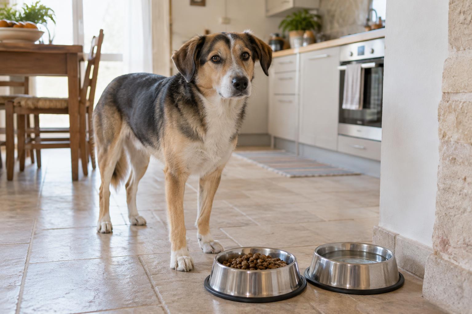 Cane adulto accanto a una ciotola di crocchette e a una ciotola d’acqua in cucina