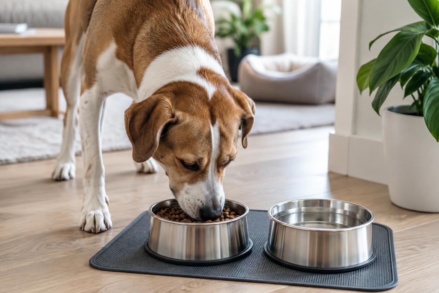Cane che mangia tranquillamente in uno spazio pulito con acqua a disposizione