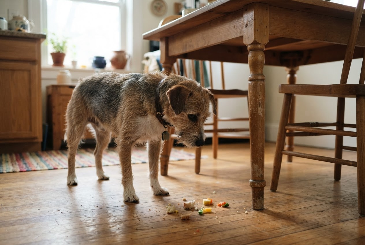 Un cane incuriosito che guarda verso il tavolo della cucina