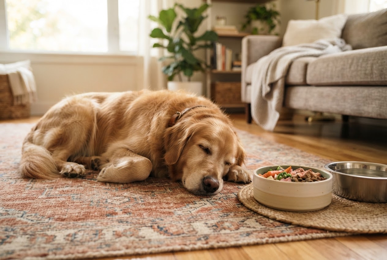 Cane rilassato vicino alla propria ciotola sicura