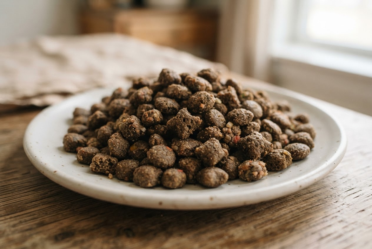 Dettaglio di crocchette per cani di diversa consistenza su un piatto di ceramica